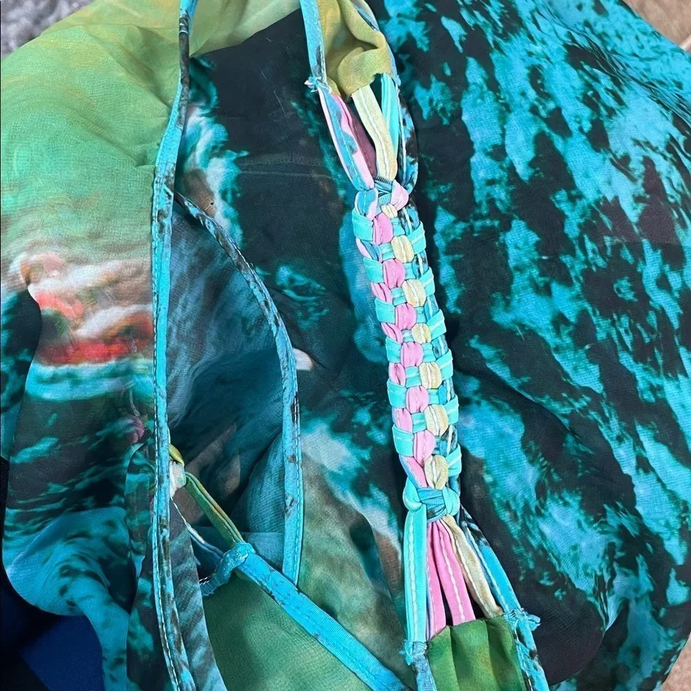 ENTREAGUAS WEARABLE ART GREEN PINK COVERUP DRESS OS